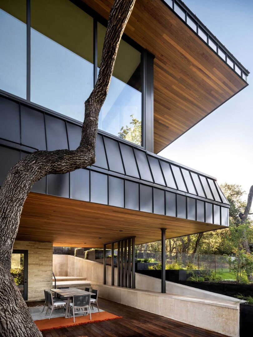 up close corner view of exterior of modern house with cover patio