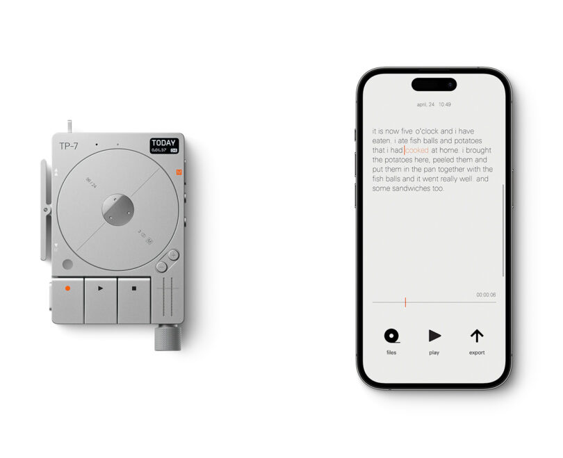 TP-7 field recorder shown next to mobile phone with Teenage Engineering transcription app open.