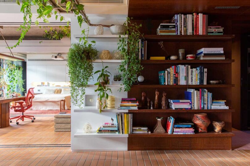 closeup of modern bookshelf partial dark wood on one side and white on left