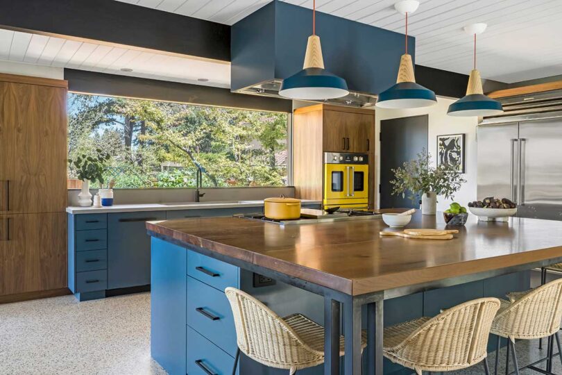 angled interior view of mid-century modern kitchen