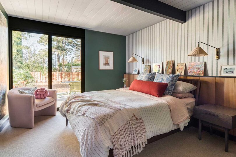 angled interior view of mid-century modern bedroom