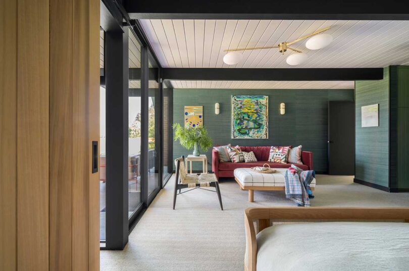 interior view of mid-century modern bedroom with seating area