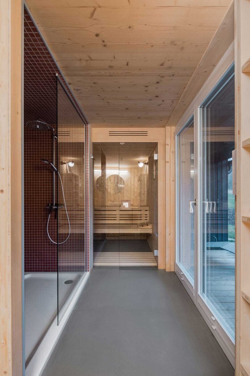 interior view down hallway looking into modern spa