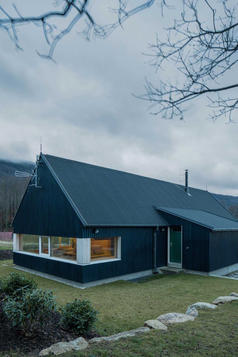 corner of exterior of modern blue cabin