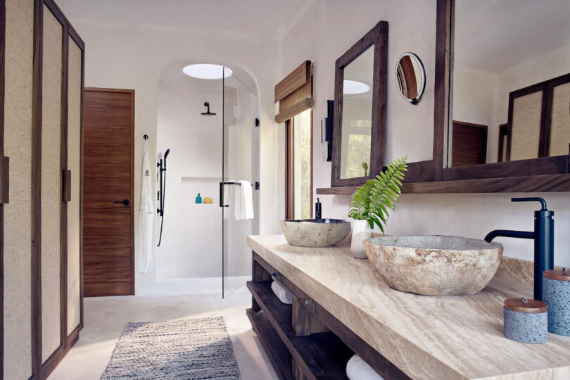 Bathroom shot of the double vanity and shower