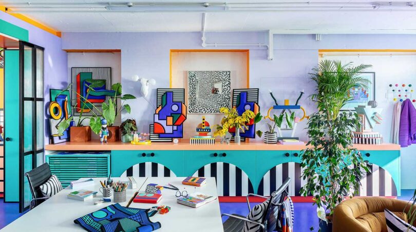 view of vibrant studio office with geometric artwork