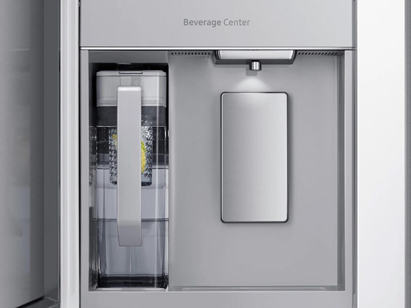 Detail shot of the Beverage Center, a hidden interior water dispenser and AutoFill Water Pitcher.