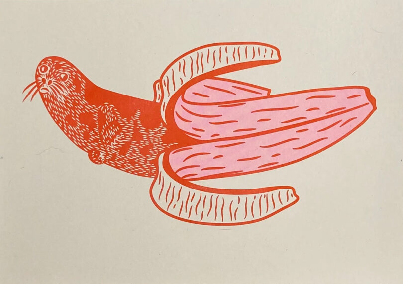 red and pink risograph of an illustrated seal emerging from a peeling banana