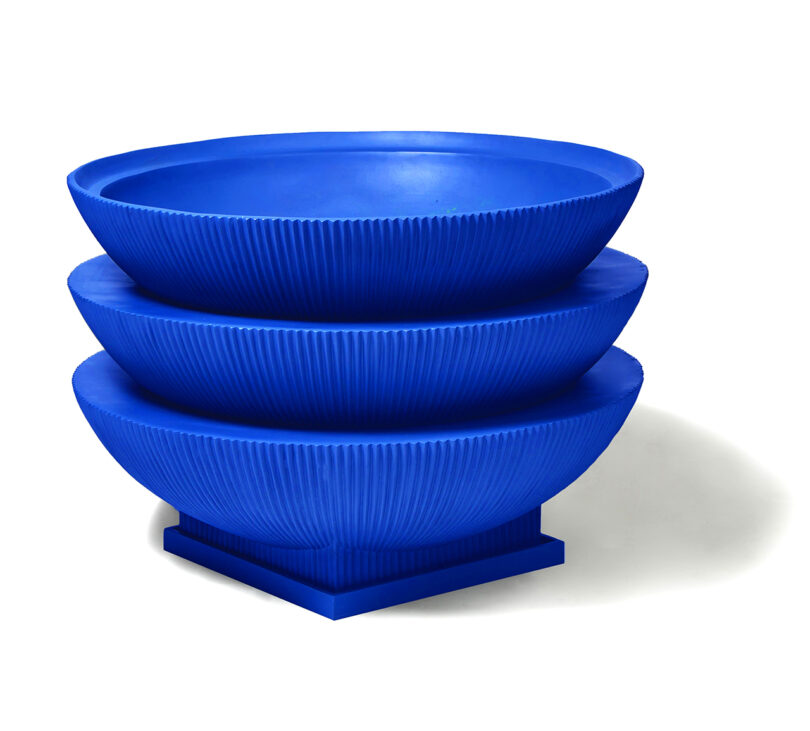 modern stacked fluted cobalt blue planter on white background