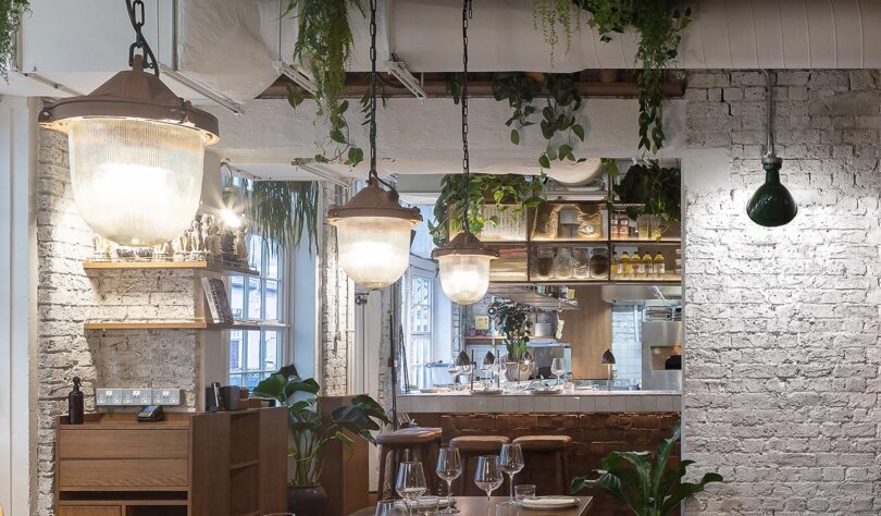 restaurant interior with pendant lights lit